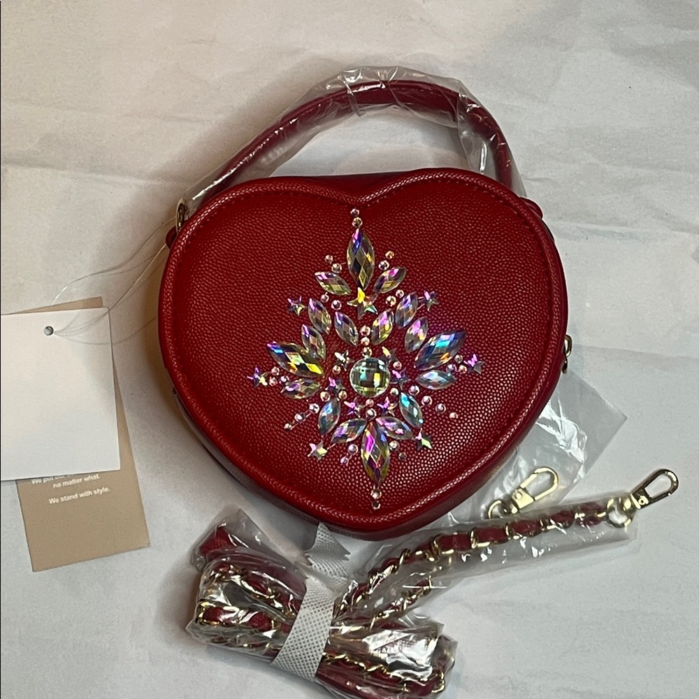 Red Heart-Shaped Bag with Crystal Embellishments Hand Crafted - Picture 7 of 8